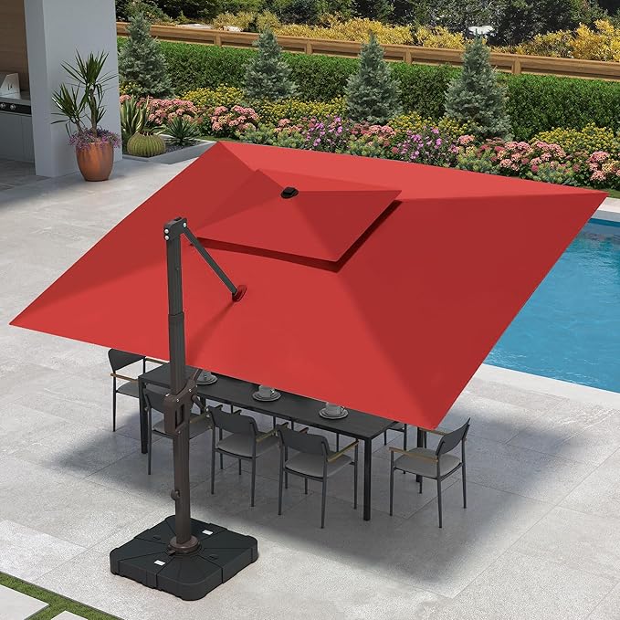 9 X 12 FT Cantilever Patio Umbrella with Led Lights Outdoor Heavy Duty Double Top Rectangle Offset Umbrellas with 360-degree Rotation for Pool Deck Backyard, Wine Red