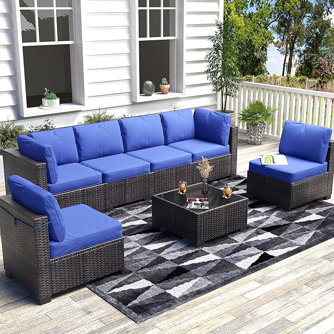 GarveeHome 7 Piece Patio Furniture Set, PE Rattan Wicker Sectional Sofa Set with Cushions & Glass Top Coffee Table, Outdoor Conversation Furniture for Garden, Balcony, Porch, Backyard