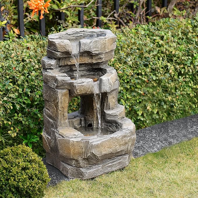 Kalona Outdoor Waterfall Fountain with LED Lights - 3-Tier Resin Rock Water Feature for Garden Patio Backyard, 21.5" Tall Fountain Decor 24392