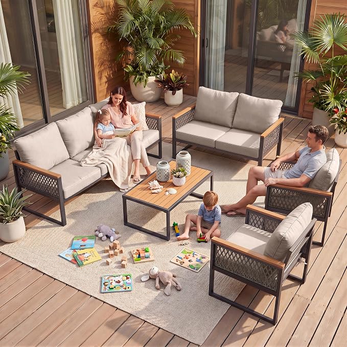 UPHA 5 Pieces Patio Furniture Set, Metal Outdoor Sectional Couch Set with Loveseat & 3-Seat Sofa, 2 Chairs, Coffee Table, Modern Patio Conversation Set for Porch Balcony Deck, 7 Seats, Beige
