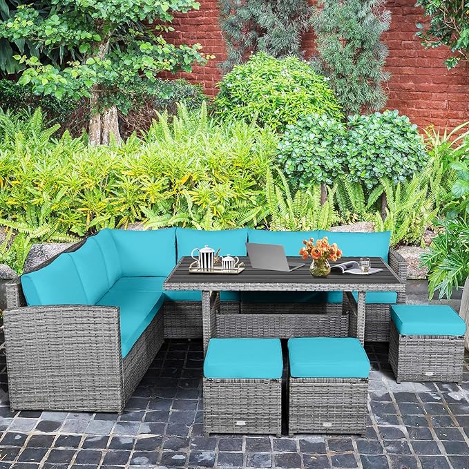 HAPPYGRILL 7 Pieces Rattan Wicker Patio Conversation Set, Outdoor Patio Furniture Set with Cushions, Rattan Sofa Set with Dining Table & Ottomans for Poolside Backyard Balcony Garden (Turquoise)