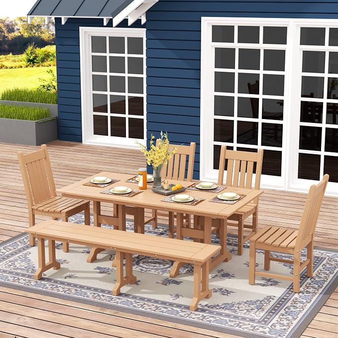WO Home Furniture Adirondack Patio Dining Chair Table Bench Set of 6 PCS Rectangle Dinner Table Dining Armless Chairs (Teak)