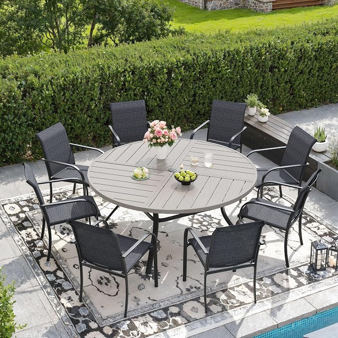 DIFY 9 Pieces Outdoor Patio Dining Set for 8, 53.1" Grey Wood-Like Round Metal Dining Table and 8 Grey Stackable Textilene Patio Chairs, Outdoor Table and Chairs for Backyard Garden Poolside