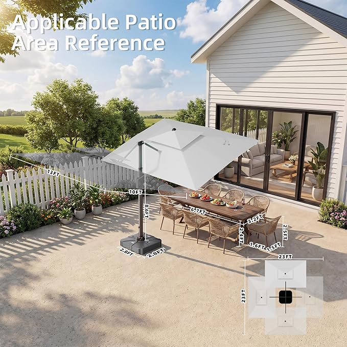 10' X 13' Patio Umbrella with Weighted Base and LED Lights Outdoor Cantilever Large Rectangle Offset Umbrellas Heavy Duty Aluminum Double Top with 360-degree Rotation for Pool Garden Deck, Fog Grey