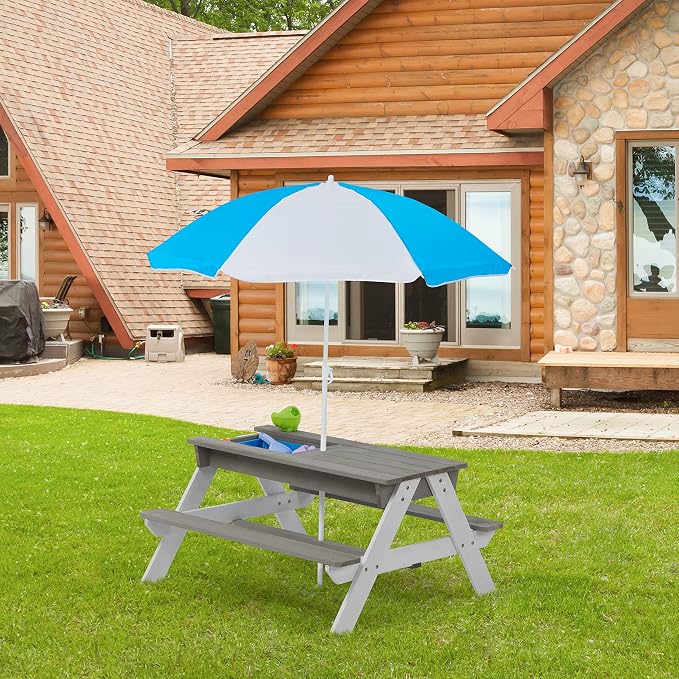 Kids Outdoor Picnic Table with Sand and Water Play, Wooden Activity Table with Umbrella for Backyard Patio Fun