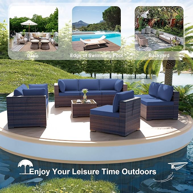 ALAULM 9 Pieces Patio Furniture Set Wicker Patio Conversation Set with 4 Corner Sofas, Outdoor Sectional Furniture w/Coffee Table & Washable Seat Cushions-Dark Blue