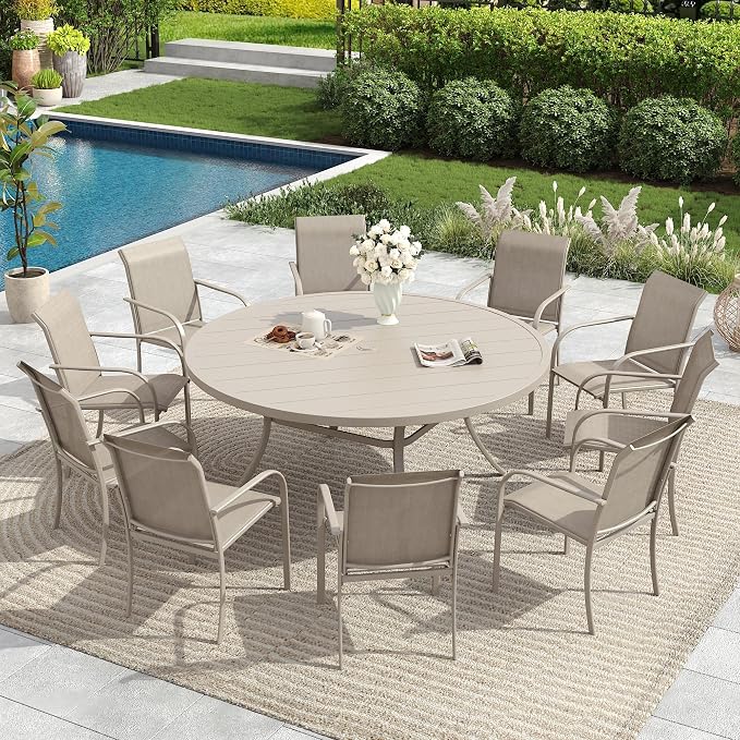 11 Pieces Patio Dining Set, 60" Round Dining Table with Umbrella Hole, 10 Stackable Textilene Fabric Chairs, Metal Structure for Patio, Porch, Garden, Sandshell
