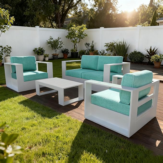 4 Pieces Patio Furniture Set with Coffee Table, Metal Modern Conversation Set with Deep Seating and Widened Aluminum Frame for Deck, Porch, Garden