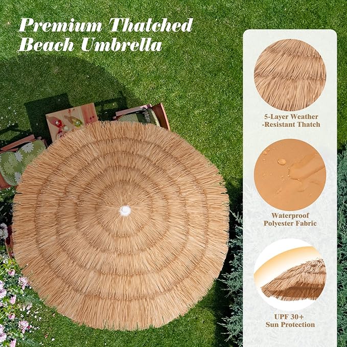 Tangkula 6FT Tiki Patio Umbrella, Hawaiian Style Thatched Market Table Umbrella with Carrying Bag, Tilt Design, 8 Ribs, Tropical Outdoor Umbrella for Beach Patio Garden Pool Backyard (1, Natural, 6 Ft)