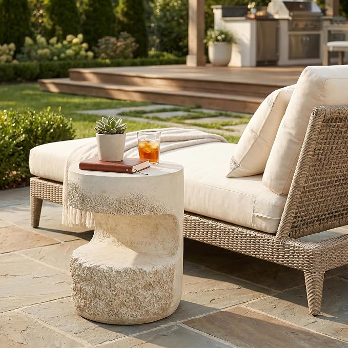 Merax Outdoor Patio Side Table, Modern Organic MGO Round Accent Side Table, 20.25" Height Small End Table with Beige Tone Travertine-Look Textured for Poolish Garden Balcony