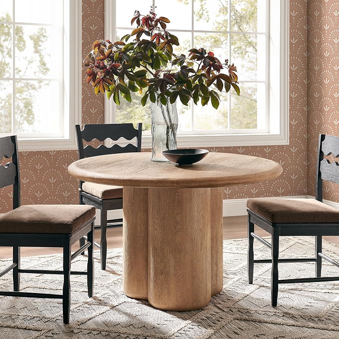Modway Tori 48 Inch Round Concrete Outdoor Dining Table in Oak - Modern Patio Bistro Table, Seats 4, for Backyard, Balcony, Sunroom, Deck, Or Indoors