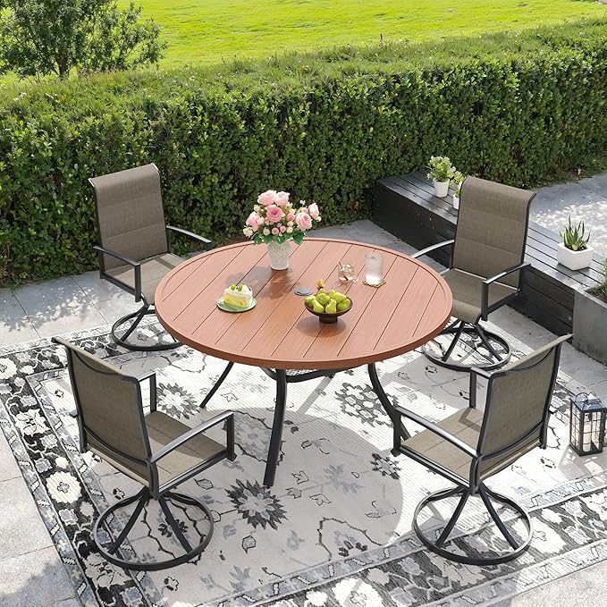 DIFY 5 Piece Outdoor Patio Dining Set for 4, 47.2" Walnut Round Metal Dining Table and Swivel Patio Chairs with Brown Padded Textilene, All-Weather Outdoor Furniture Set for Garden Backyard Porch