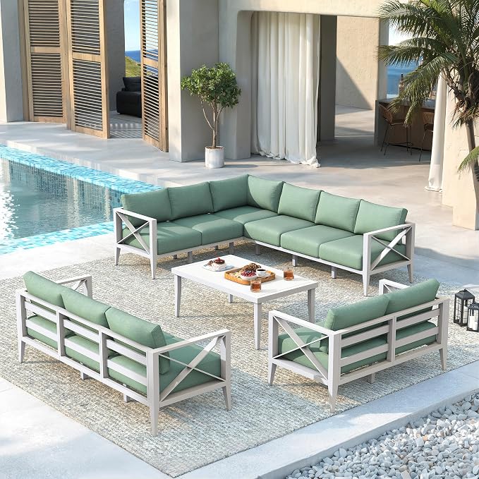 Large Patio Furniture Set Outdoor Sectional Sofa Conversation Set with Cushions, Aluminum Outdoor Furniture for Backyard Deck Garden