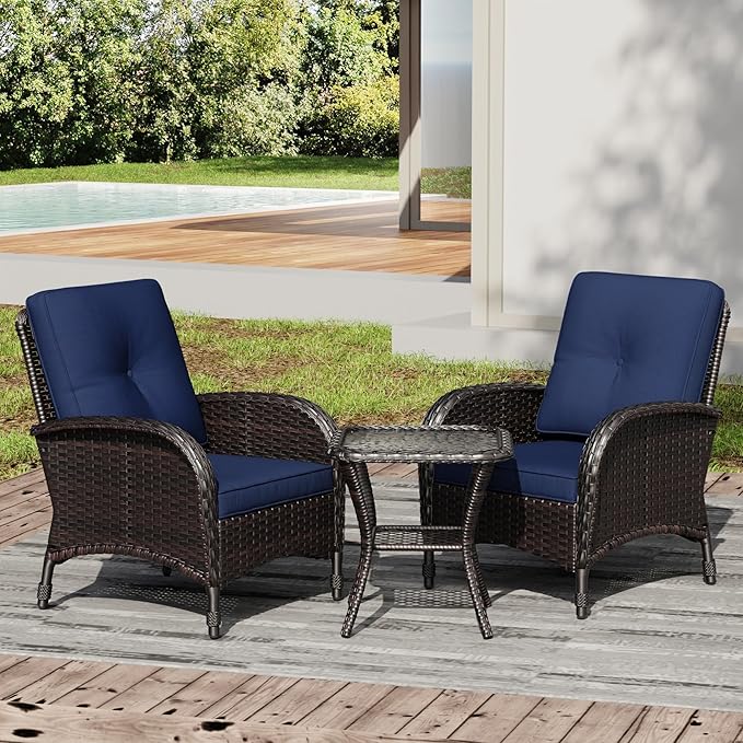 Joyside Wicker Patio Chairs, 3 Piece Rattan Outdoor Furniture with Thickened Cushions, High Back, Deep Seating, Wide Armrest, Outdoor Chairs for Porch, Deck