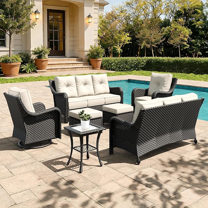 7 Pieces Outdoor Furniture Set with 6-inch Cushions, High Back Wicker Swivel Rocker Chairs with Coffee Table, Luxury Conversation Set for Deck Patio and Poolside