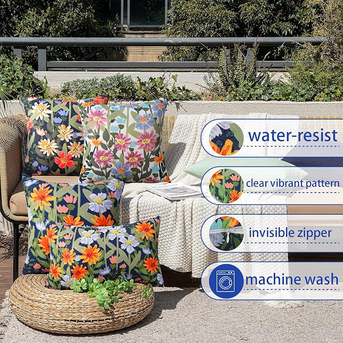 Pyonic Spring Summer Floral Outdoor Pillow Covers 18x18 inch Waterproof Throw Pillow Covers Outdoor Pillows for Patio Furniture Garden Bench Porch,Navy
