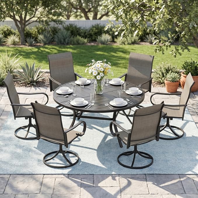 7 Pieces Patio Dining Set, 6 Outdoor Swivel Dining Chairs with 50.1" Round Metal Outdoor Dining Table with Umbrella Hole for Garden Backyard Deck, Mixed Brown & Black