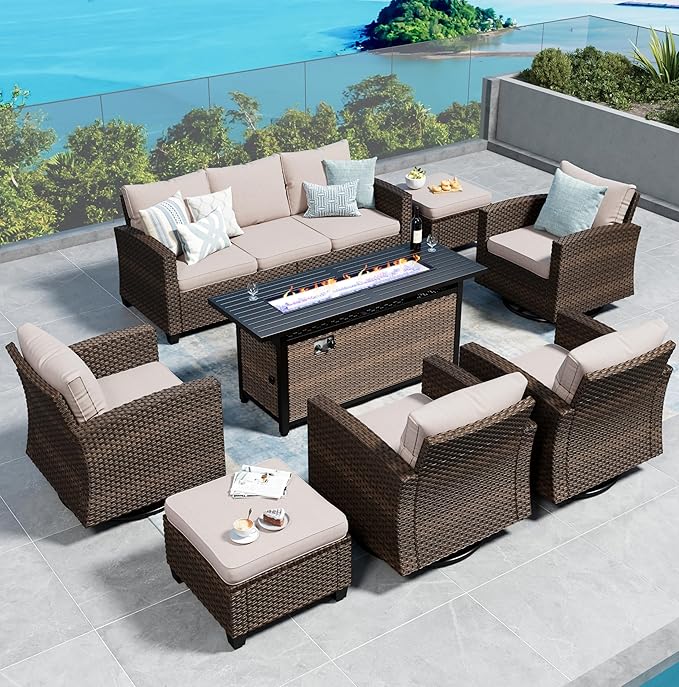 Swivel Glider Patio Furniture Set Outdoor Furniture Brown Wicker Rattan Patio Conversation Sets with Cushion Outside Sofa Set,7 Pieces with Rectangular Firepit Table,9 Seats,Beige
