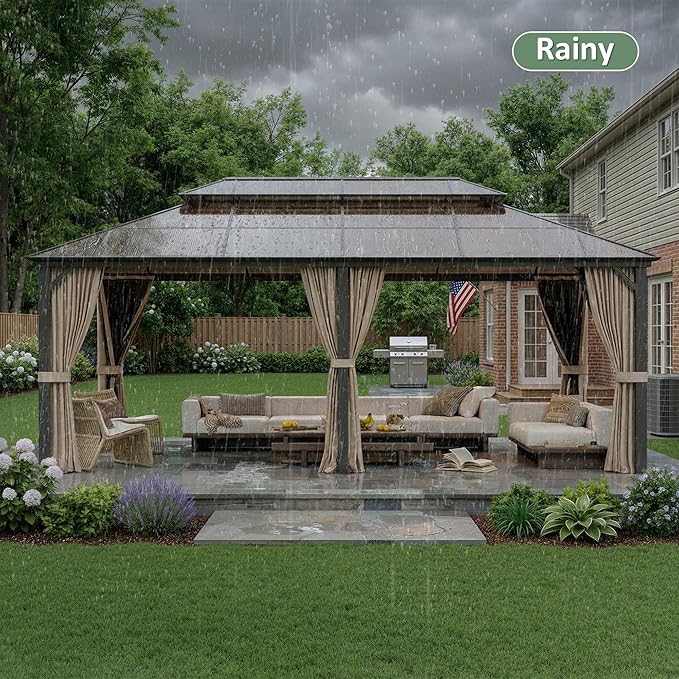 12'x20' Hardtop Gazebo, Outdoor Polycarbonate Roof Canopy, Aluminum Frame Permanent Pavilion with Curtains and Netting, Sunshade for Garden, Patio, Lawns