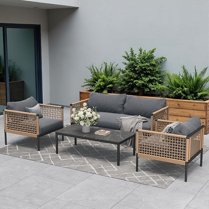 Grand patio 4-Piece Wicker Patio Furniture Set, Boho Outdoor Conversation Set, Patio Sofa Seatings with Coffee Table for Garden, Backyard, Balcony, Gray