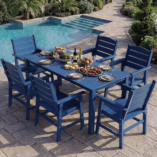 YEFU HIPS Patio Dining Sets: 7-Piece All-Weather Outdoor Table and Chairs with Umbrella Hole - Low-Maintenance Patio Dining Set for 6 Modern Furniture with Aluminum Frame for Family with Deck Blue