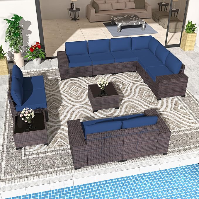 Patio Furniture Set 12 Pieces Outdoor Sectional Sofa Set,PE Rattan Wicker Patio Conversation Set with Thickened Cushions and Glass Coffee Table,NavyBlue