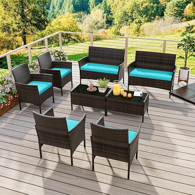 HAPPYGRILL 8 Pieces Outdoor Rattan Conversation Set, Patio Wicker Furniture Set with Loveseat Chairs & Tempered Glass Coffee Table, Outside Sectional Sofa Set for Backyard, Garden, Poolside