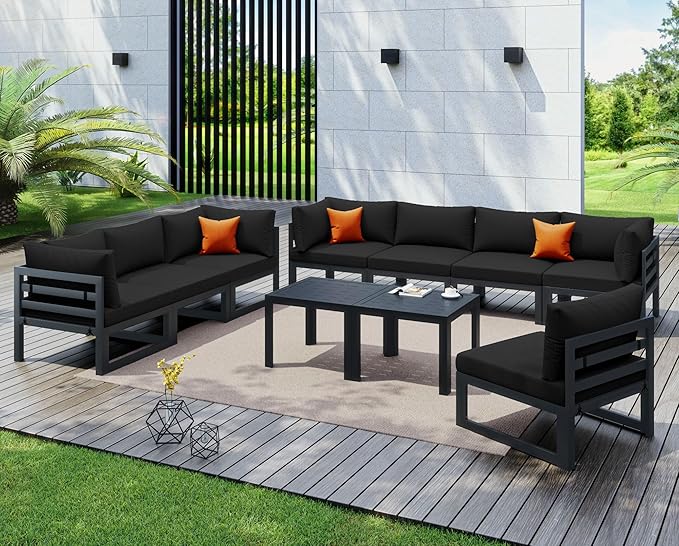 NICESOUL 10 Piece Large Luxury Aluminum Patio Conversation Set, 29" Deep Wide Comfortable Sitting, L Shaped Modular Sectional Couch, 500 lbs Heavy Duty All Weather Outdoor Sofa for Backyard, Black