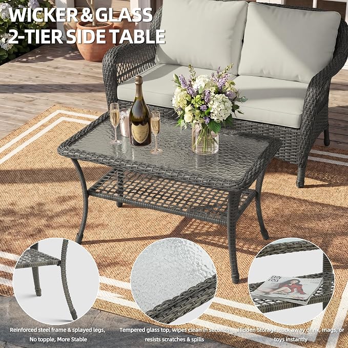 MEETWARM Wicker Patio Coffee Table, 34.5" Rectangle Outdoor Coffee Table with Tempered Glass Top and 2-Tier Storage Shelf, All-Weather Rattan Patio Side Table for Outside Poolside Deck Garden, Gray