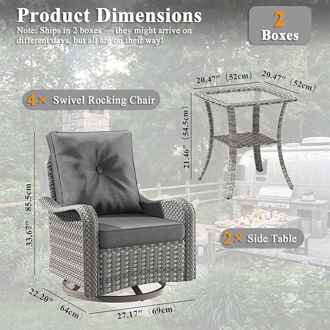 6 Piece Wicker Patio Furniture Set, Swivel Rocking Chairs with 4''Cushions, PE Rattan, Rust Resistant Frame, Double Layer Glass Side Table, for Backyard, Deck or Balcony, Black