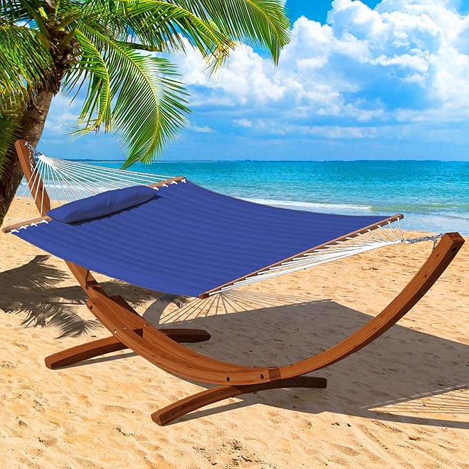 Lazy Daze Hammocks 12 FT Double Quilted Fabric Hammock and 13 FT Brown Wood Arc Stand, with Spreader Bar, Removable Pillow, 2 Person Hammock for Poolside Outdoor Patio, 450 lbs Capacity, Navy Blue