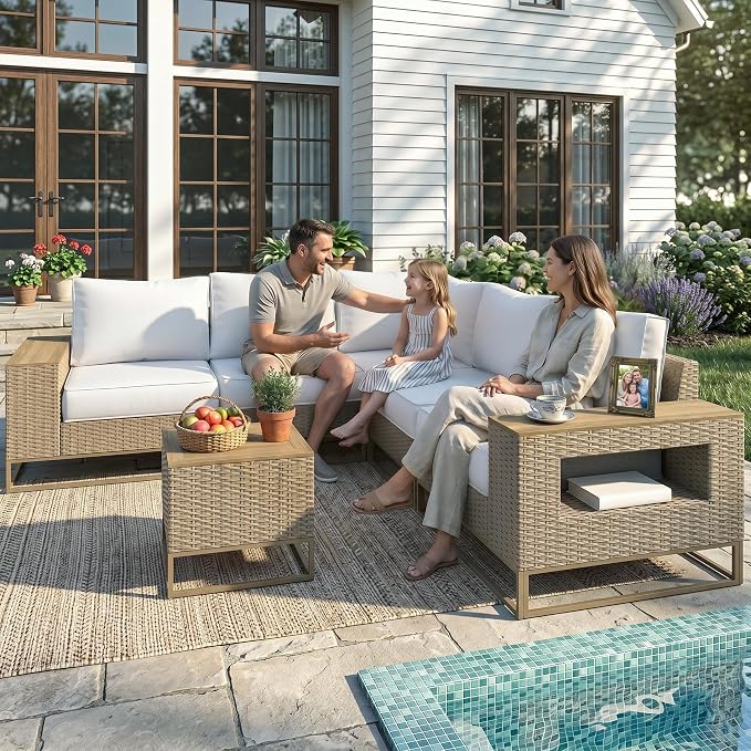 Outdoor Patio Furniture Set 6-Piece PE Rattan Wicker Outdoor Sectional Sofa with Thickened Cushions and Chunky Arms, Modern Modular L-Shaped Conversation Set for Garden, Backyard, White