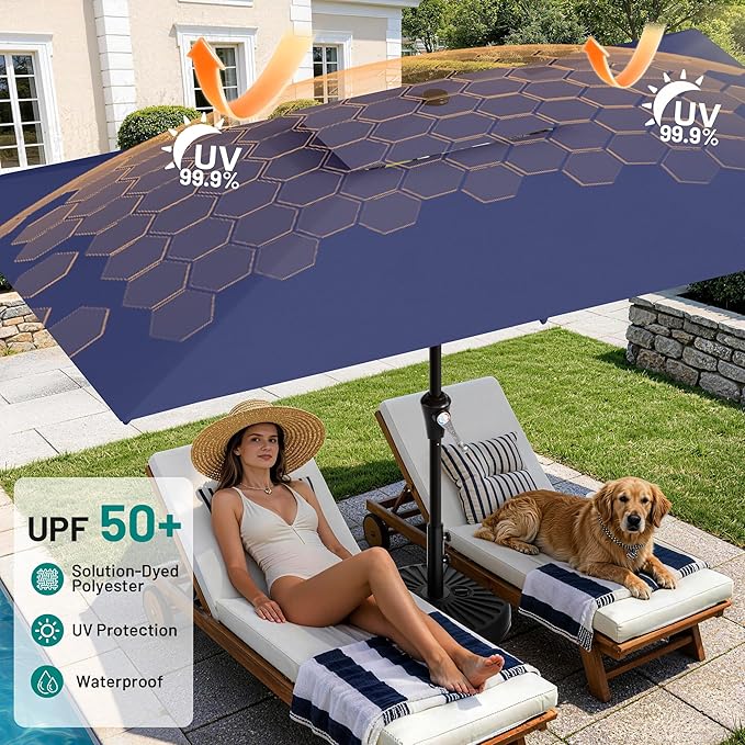 AreShark 6.5'x10' 2 Tiers Rectangular Patio Umbrella - Outdoor Umbrella Waterproof UV Protection, Market Table Umbrella w/Push Button Tilt for Pool, Lawn, Balcony(Navy)