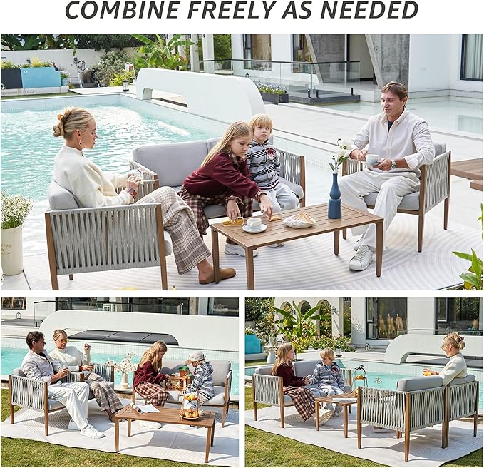 NATURAL EXPRESSIONS 4 Pieces Patio Furniture Sets, Outdoor Patio Deep Seating Group Conversation Sofa Set with Handwoven Rope, Wooden Grain Printing Metal Frame with Olefin Cushions