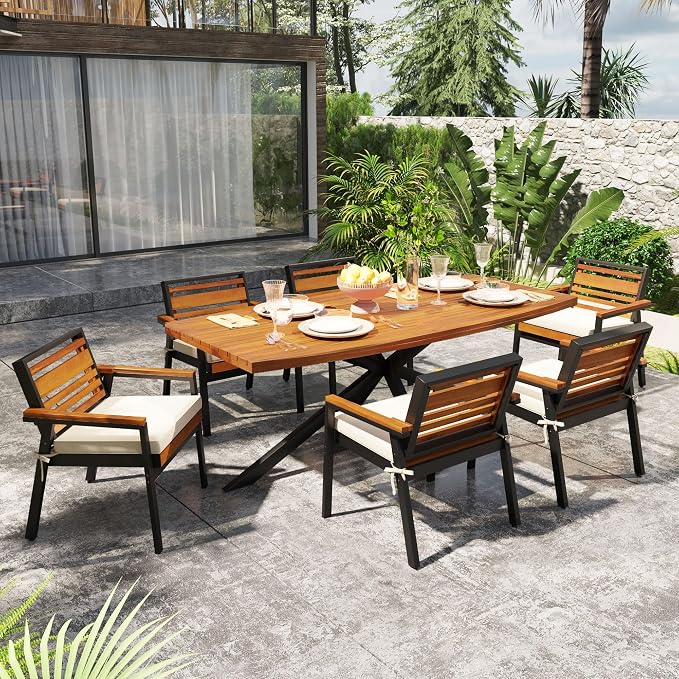 7 Pieces Metal Patio Dining Table Set with Acacia Wood, 74.8"L Dinner Table, 6 Chairs with Dual Layer Iron and Detachable Cushions, Outdoor or Indoor Furniture for Garden or Backyard, Black Beige