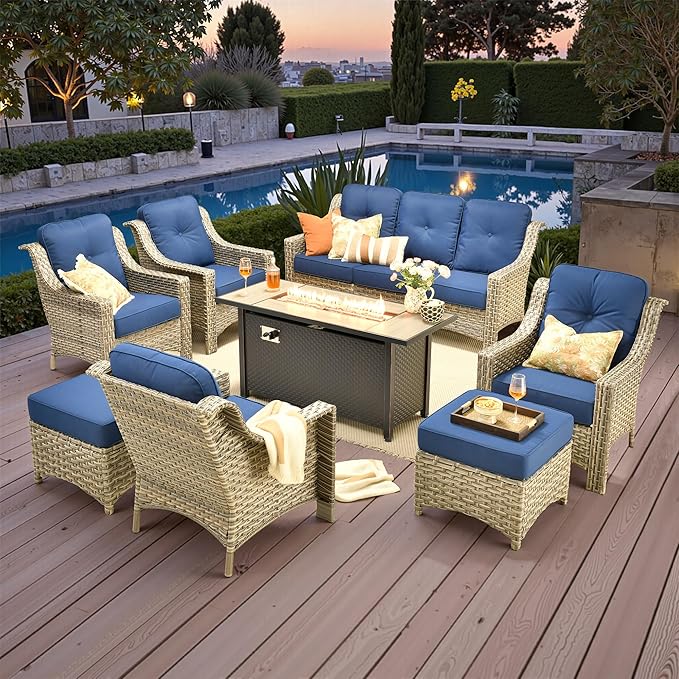 Outdoor Patio Furniture Sets, 8 PCS Patio Conversation Set Outside Rattan Sofa with 54 in Fire Pit Table Comfy Cushions Fit Backyard Porch Garden Poolside Balcony,Navy Blue