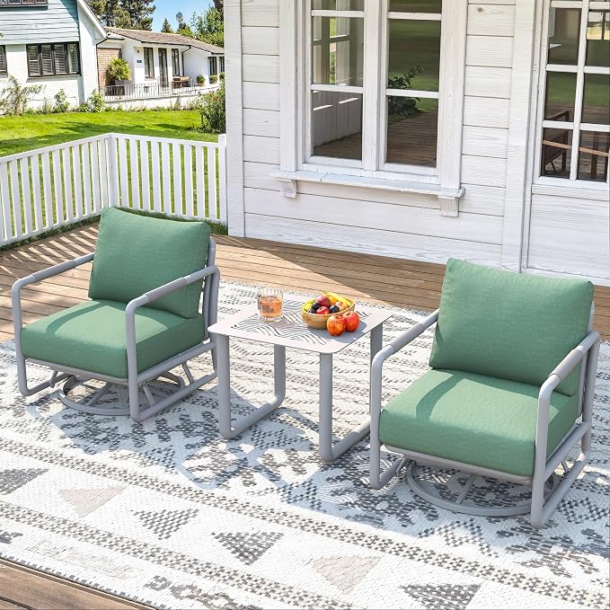 3-Piece Aluminum Outdoor Swivel Rocker Chair Set, 360° Swivel Rocking Seats with 6.5" Thick Cushions, 24" Wide Seat 380LBS Capacity & Side Table for Porch, Deck