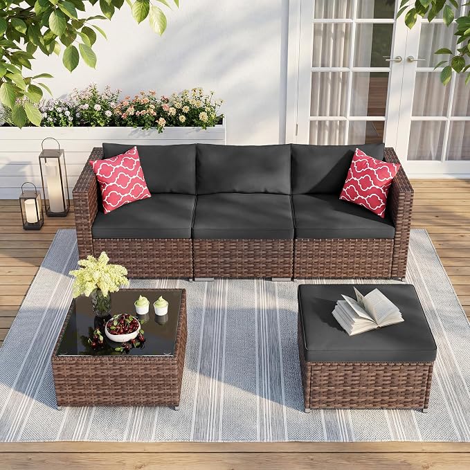 Ahomly 5 Piece Outdoor Patio Furniture Set, PE Wicker Rattan Sectional Sofa with Cushions and Glass Coffee Table, Outdoor Furniture Set for Patio Porch Deck, Black