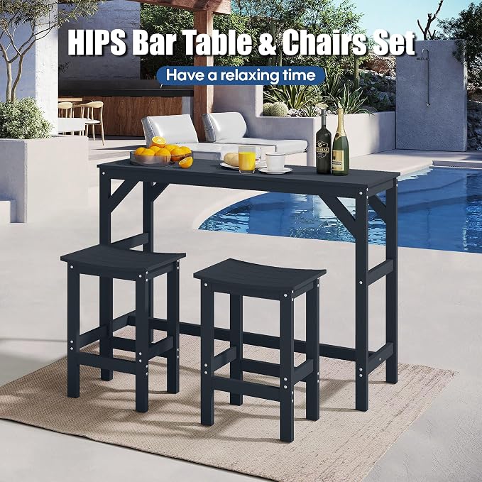 HIPS Outdoor Patio Bar Set, All Weather HIPS Bar Table and Chairs Set for Outside, 55" Rectangular High Top Bar Table with 2 Bar Stools for Poolside, Patio, Balcony, Deck (Black, 3 Pcs Set)