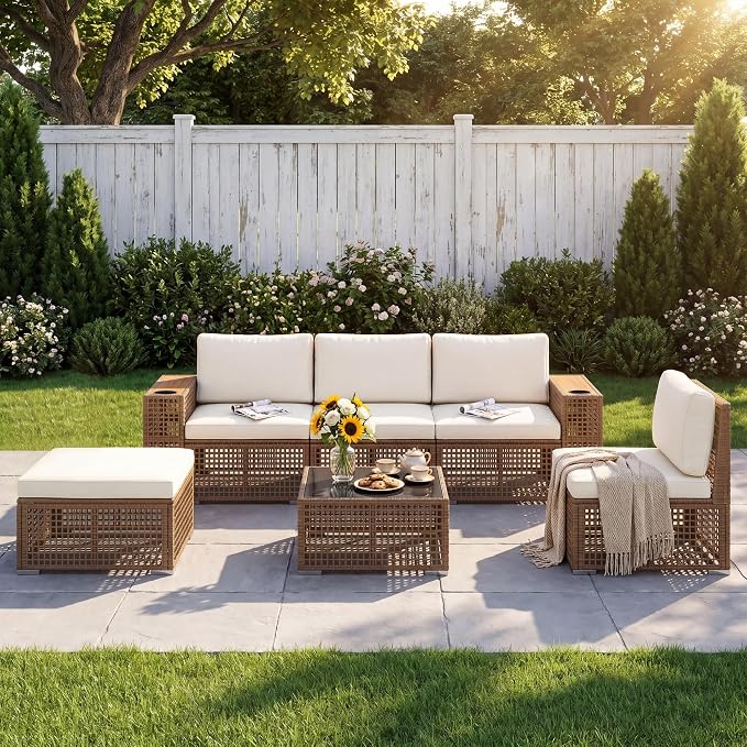 Devoko Patio Furniture Set,6 Pieces Outdoor Sectional Sofa with Cup Holder and 7.87in Wider Armrest, PE Wicker Backyard Couch Set with Coffee Table&Glass Tabletop for Deck, Porch（6 pcs）