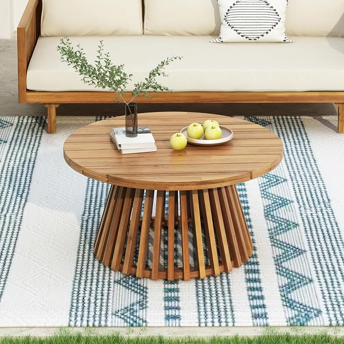 Wood Outdoor Round Coffee Table, Weather-Resistant Patio Table with Striped Base, for Garden, Deck, and Backyard, Brown