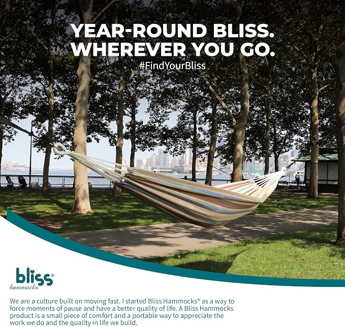 Bliss Hammocks 40" W Single Outdoor Hammock with Universal Multi-Loop Suspension with "S" Hooks, Durable, Cotton/Polyester, 220 Lbs Capacity, Hampton Stripe