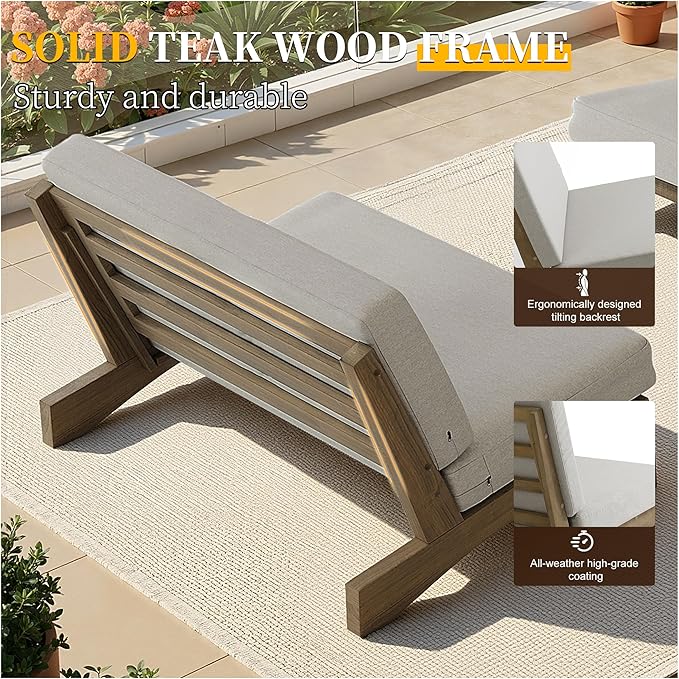 UIXE Wood Patio Furniture Sets, 2 Pieces All Weather Patio Loveseat Outdoor Sofa with Solid Wooden Coffee Table - Light Camel