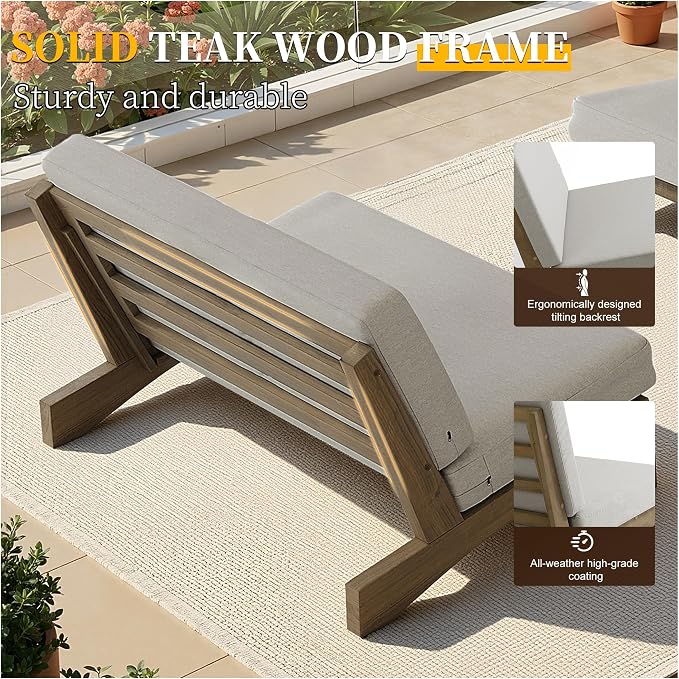 Outdoor Furniture Patio Couch, Weather Resistant Patio Loveseat Sofa Couch with Removable Cushion, Teak Wood Frame for Porch & Backyard Seating - Light Camel
