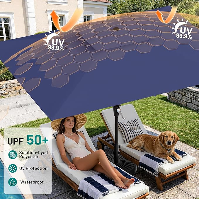 AreShark 8'x10' 2 Tiers Rectangular Patio Umbrella - Outdoor Umbrella Waterproof UV Protection, Market Table Umbrella w/Crank for Pool, Backyard, Deck(Navy)