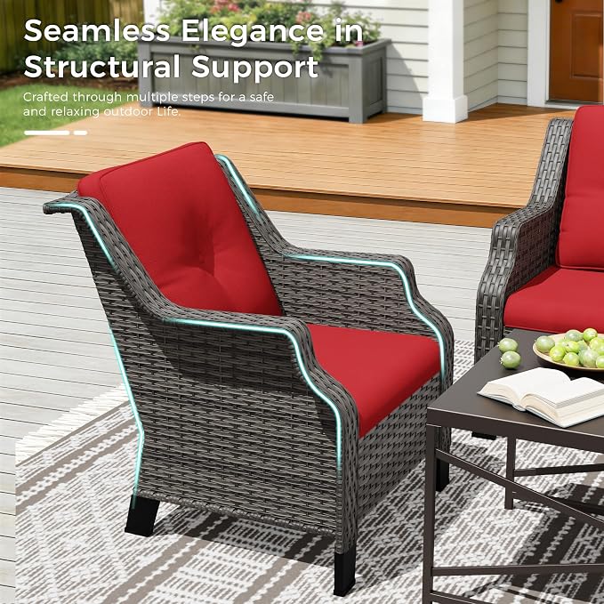 Outdoor Patio Chairs Set of 2, Wicker Patio Furniture with Thick Cushions, Curved Armrest, Deep Seating, Rattan Outdoor Chairs for Porch, Deck, Balcony