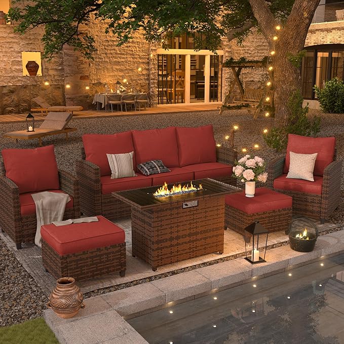 UDPATIO Patio Furniture Set with 44" Fire Pit Table, All-Weather Wicker Rattan Sofa Ottoman, 6 Pieces Outdoor Sectional Conversation Sets with 4" Thick Cushion for Poolside Backyard Deck, Wine Red