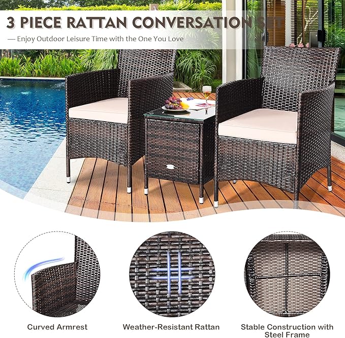 Tangkula Patio Furniture Set 3 Piece, Outdoor Wicker Rattan Conversation Set with Coffee Table, Chairs & Thick Cushions, Suitable for Patio Garden Lawn Backyard Pool (Off-White)