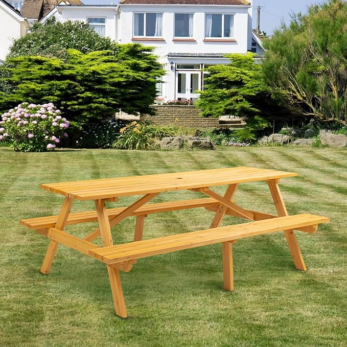 8 Person Rectangle Picnic Table, Outdoor Picnic Table with 2 Benches, Umbrella Hole, Outside Wood Picnic Table and Bench Set for Patio, Backyard, Garden, Porch, 2220lb Capacity - Yellow