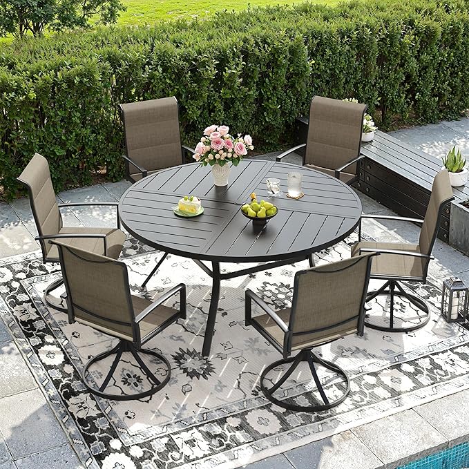 DIFY 7 Pieces Outdoor Patio Dining Set, 6 Brwon Padded Textilene Swivel Dining Chairs and 50" Black Round Metal Dining Table, Outdoor Table and Chairs for Poolside Backyard Deck